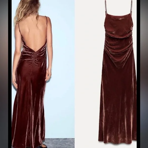 Zara NEW velvet midi strappy dress brown 9196/070 - Picture 2 of 9